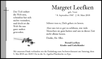 Anzeige von Margret Leefken von Westfälische Nachrichten