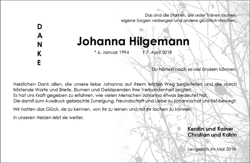  Traueranzeige für Johanna Hilgemann vom 30.05.2018 aus Westfälische Nachrichten