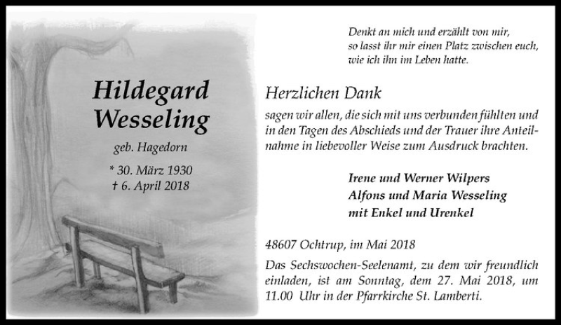  Traueranzeige für Hildegard Wesseling vom 23.05.2018 aus Westfälische Nachrichten