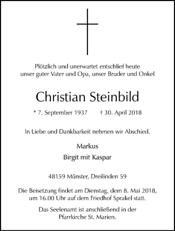 Anzeige von Christian Steinbild von Westfälische Nachrichten