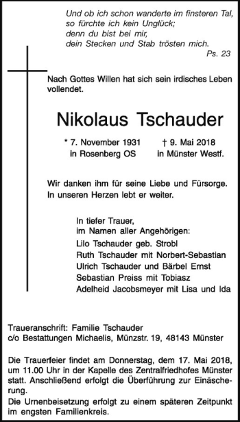 Anzeige von Nikolaus Tschauder von Westfälische Nachrichten