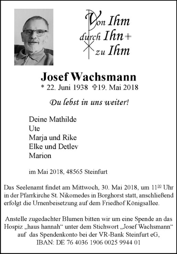  Traueranzeige für Josef Wachsmann vom 26.05.2018 aus Westfälische Nachrichten