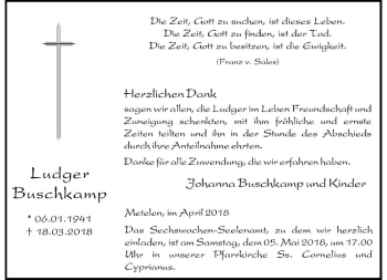 Anzeige von Ludger Buschkamp von Westfälische Nachrichten