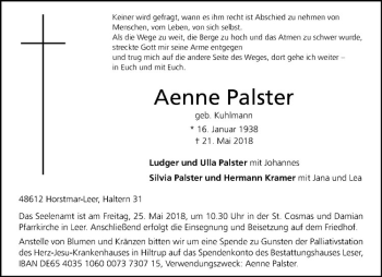 Anzeige von Aenne Palster von Westfälische Nachrichten
