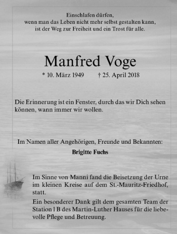 Anzeige von Manfred Voge von Westfälische Nachrichten
