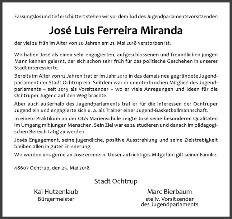  Traueranzeige für Jose Luis Ferreira Miranda vom 25.05.2018 aus Westfälische Nachrichten