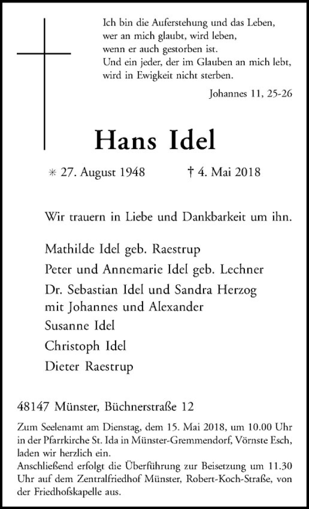  Traueranzeige für Hans Idel vom 10.05.2018 aus Westfälische Nachrichten