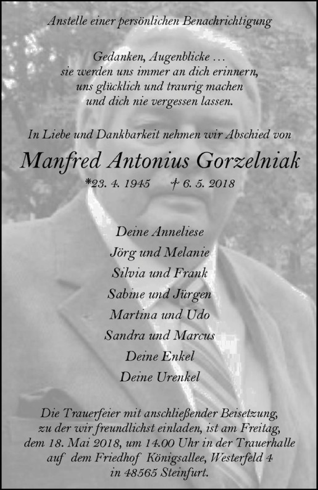  Traueranzeige für Manfred Antonius Gorzelniak vom 12.05.2018 aus Westfälische Nachrichten