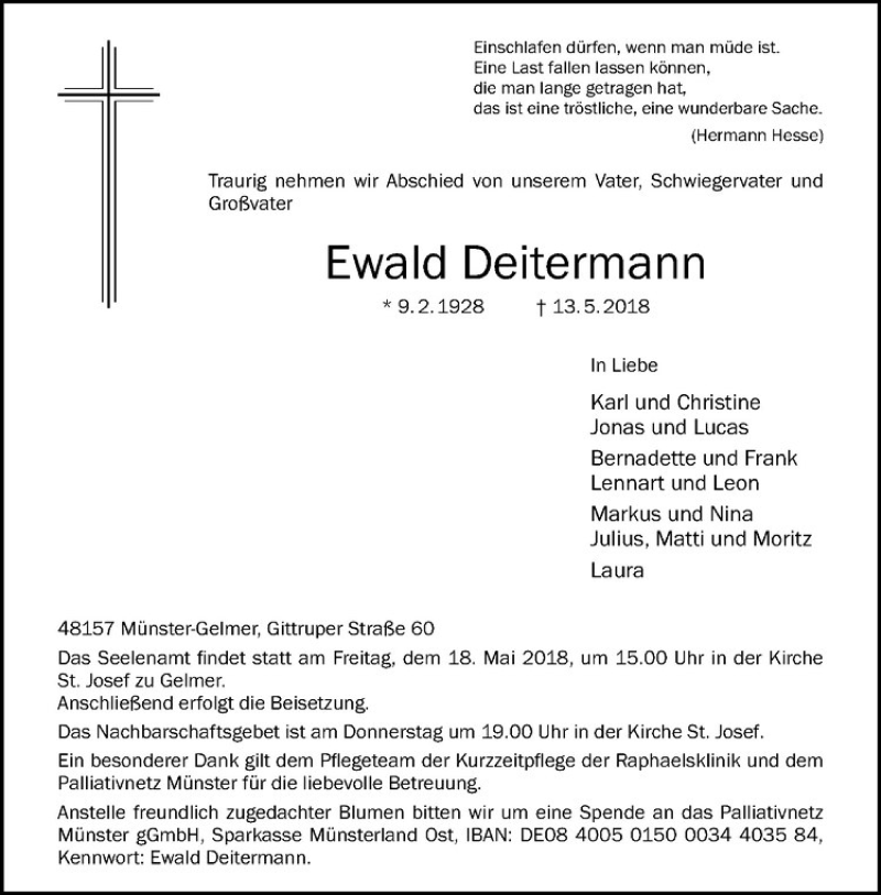  Traueranzeige für Ewald Deitermann vom 16.05.2018 aus Westfälische Nachrichten