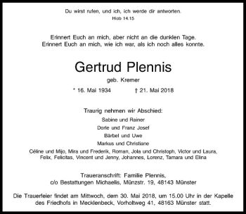 Anzeige von Gertrud Plennis von Westfälische Nachrichten