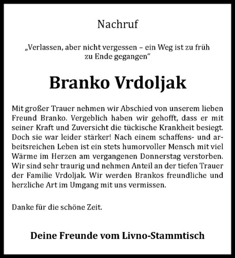  Traueranzeige für Branko Vrdoljak vom 01.05.2018 aus Westfälische Nachrichten