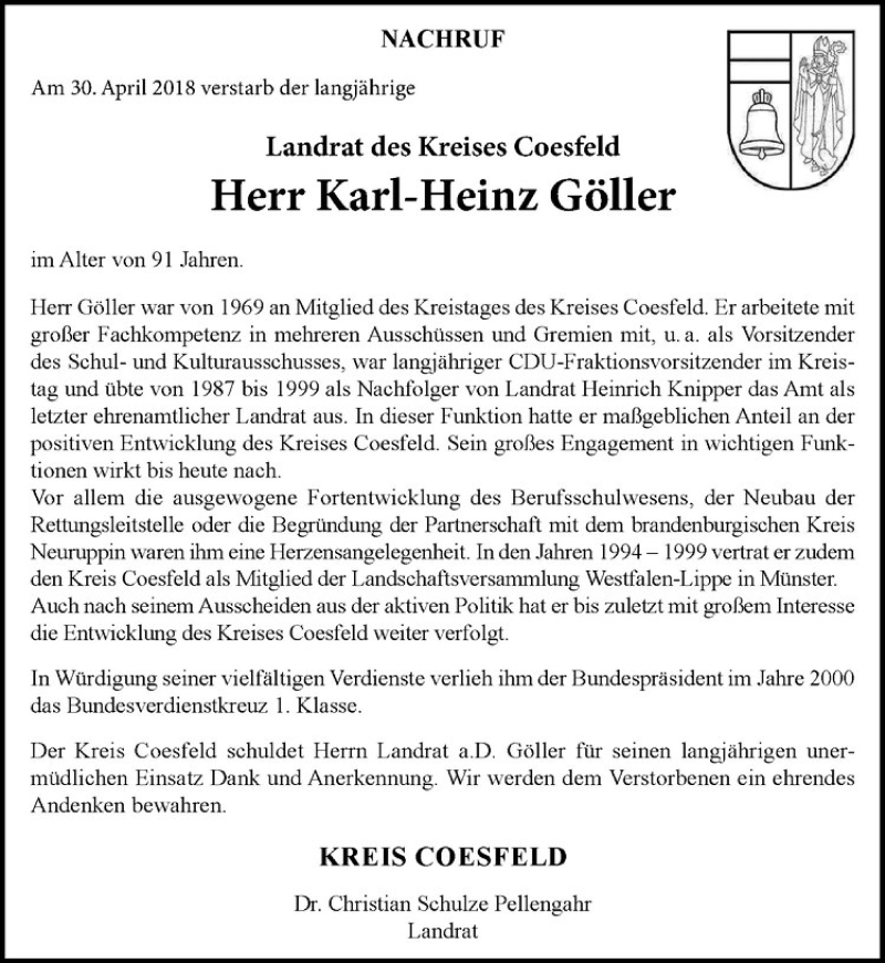  Traueranzeige für Karl-Heinz Göller vom 08.05.2018 aus Westfälische Nachrichten