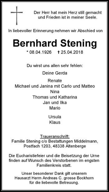 Anzeige von Bernhard Stening von Westfälische Nachrichten
