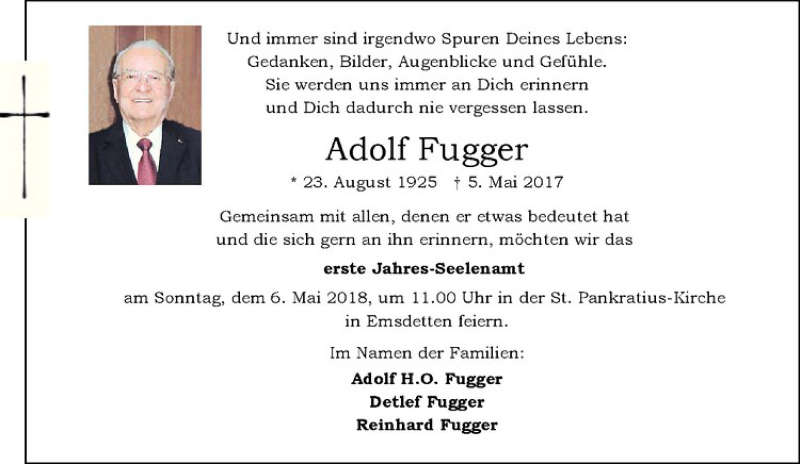  Traueranzeige für Adolf Fugger vom 05.05.2018 aus Westfälische Nachrichten