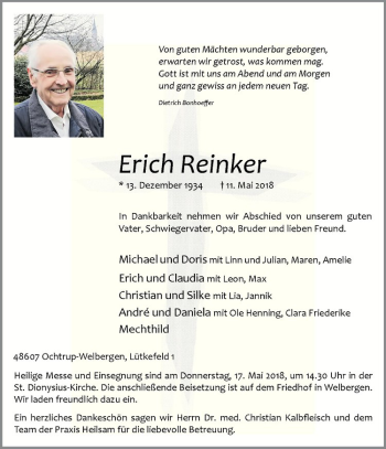 Anzeige von Erich Reinker von Westfälische Nachrichten