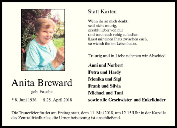 Anzeige von Anita Breward von Westfälische Nachrichten