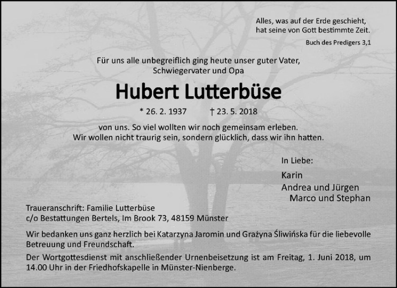  Traueranzeige für Hubert Lutterbüse vom 29.05.2018 aus Westfälische Nachrichten