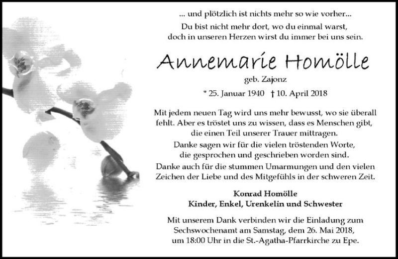  Traueranzeige für Annemarie Homölle vom 19.05.2018 aus Westfälische Nachrichten