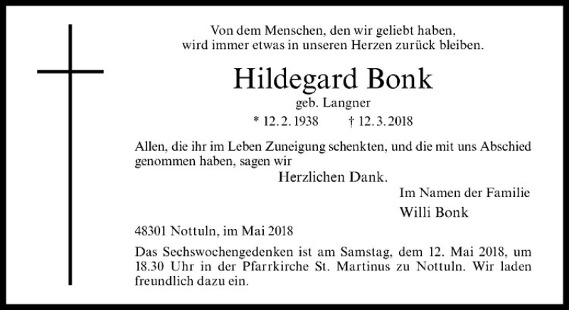  Traueranzeige für Hildegard Bonk vom 05.05.2018 aus Westfälische Nachrichten