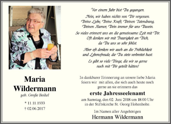 Anzeige von Maria Wildermann von Westfälische Nachrichten