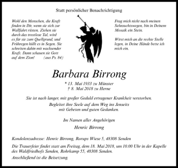 Anzeige von Barbara Birrong von Westfälische Nachrichten