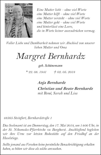 Anzeige von Margret Bernhardz von Westfälische Nachrichten