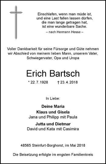 Anzeige von Erich Bartsch von Westfälische Nachrichten