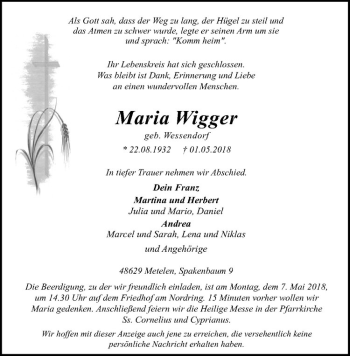 Anzeige von Maria Wigger von Westfälische Nachrichten