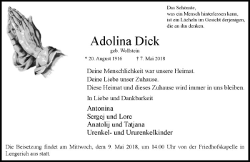 Anzeige von Adolina Dick von Westfälische Nachrichten