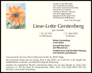 Anzeige von Liese-Lotte Gerstenberg von Westfälische Nachrichten