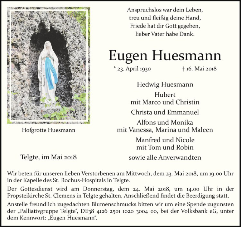  Traueranzeige für Eugen Huesmann vom 19.05.2018 aus Westfälische Nachrichten