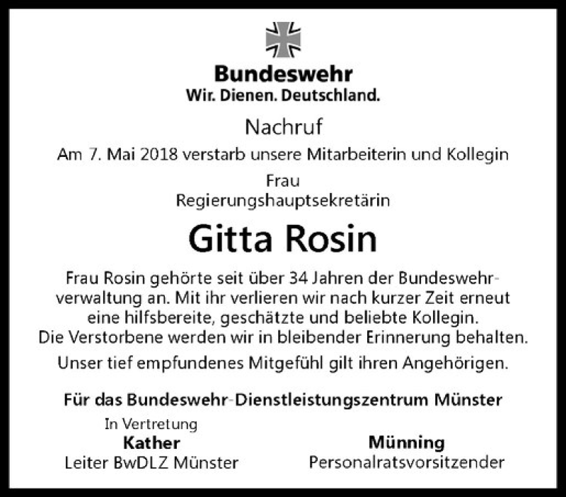  Traueranzeige für Gitta Rosin vom 16.05.2018 aus Westfälische Nachrichten