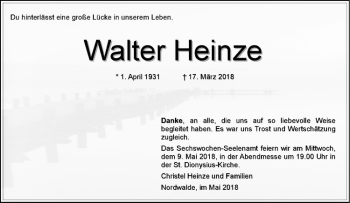 Anzeige von Walter Heinze von Westfälische Nachrichten