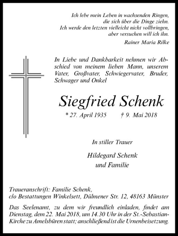  Traueranzeige für Siegfried Schenk vom 16.05.2018 aus Westfälische Nachrichten