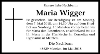 Anzeige von Maria Wigger von Westfälische Nachrichten
