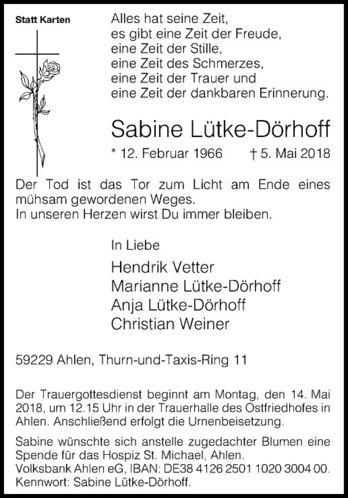  Traueranzeige für Sabine Lütke-Dörhoff vom 09.05.2018 aus Westfälische Nachrichten