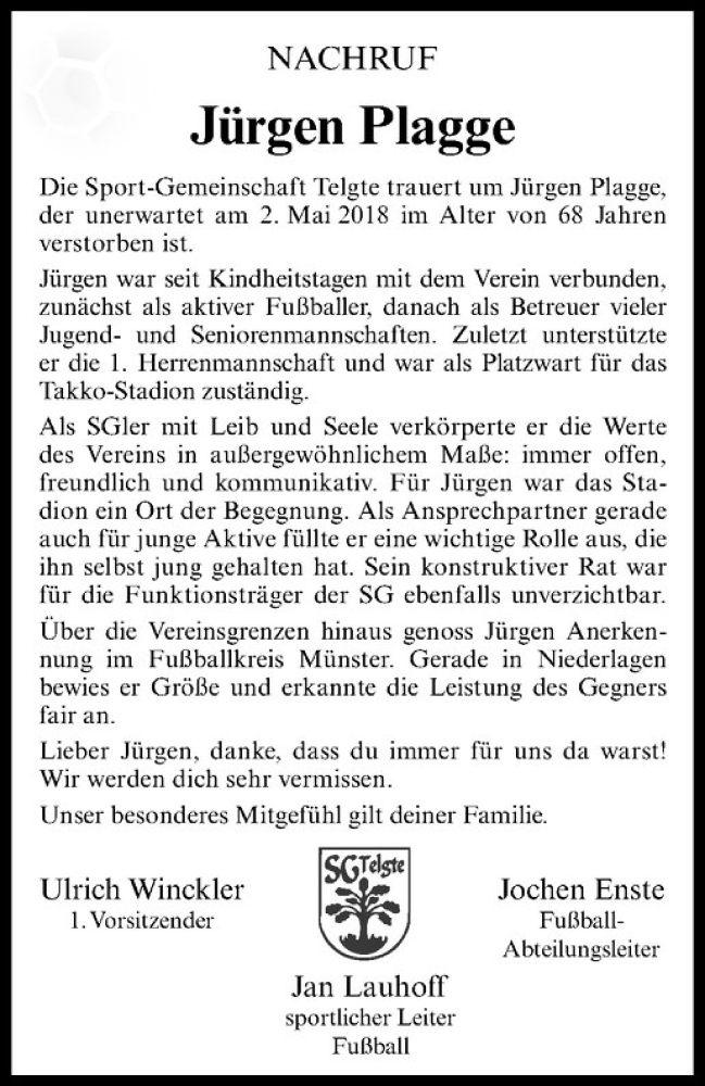  Traueranzeige für Jürgen Plagge vom 08.05.2018 aus Westfälische Nachrichten