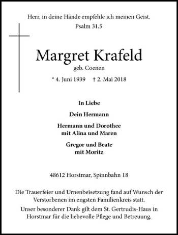 Anzeige von Margret Krafeld von Westfälische Nachrichten