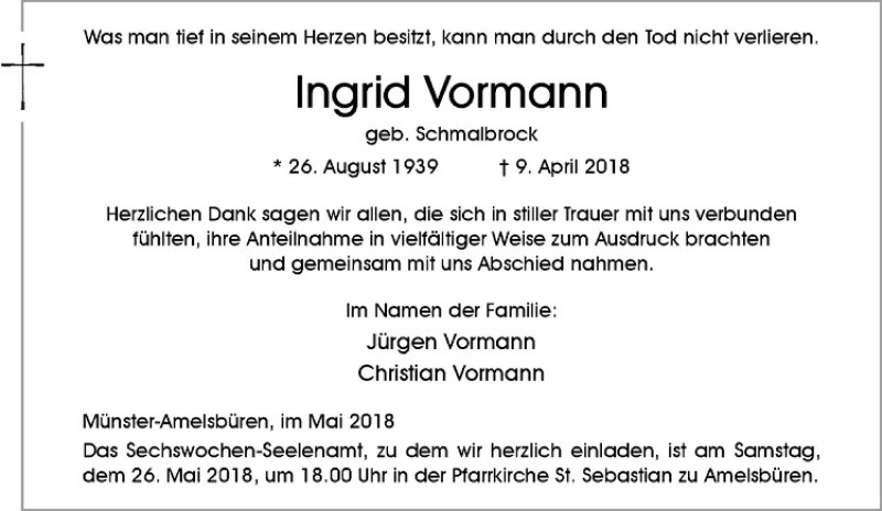  Traueranzeige für Ingrid Vormann vom 17.05.2018 aus Westfälische Nachrichten
