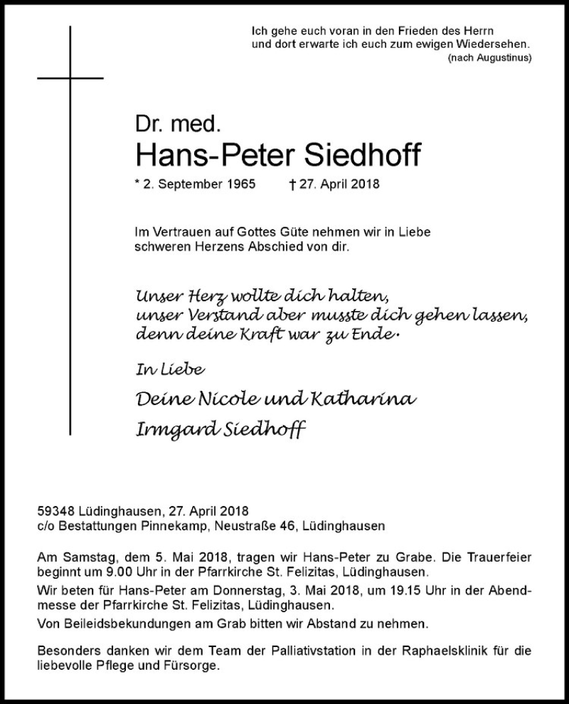  Traueranzeige für Hans-Peter Siedhoff vom 01.05.2018 aus Westfälische Nachrichten