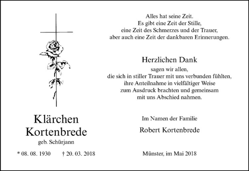  Traueranzeige für Klärchen Kortenbrede vom 09.05.2018 aus Westfälische Nachrichten