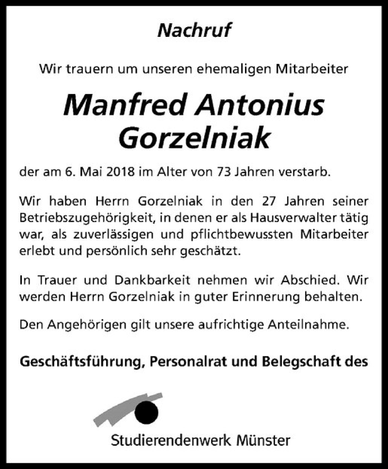  Traueranzeige für Manfred Antonius Gorzelniak vom 26.05.2018 aus Westfälische Nachrichten
