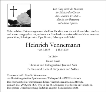 Anzeige von Heinrich Vennemann von Westfälische Nachrichten