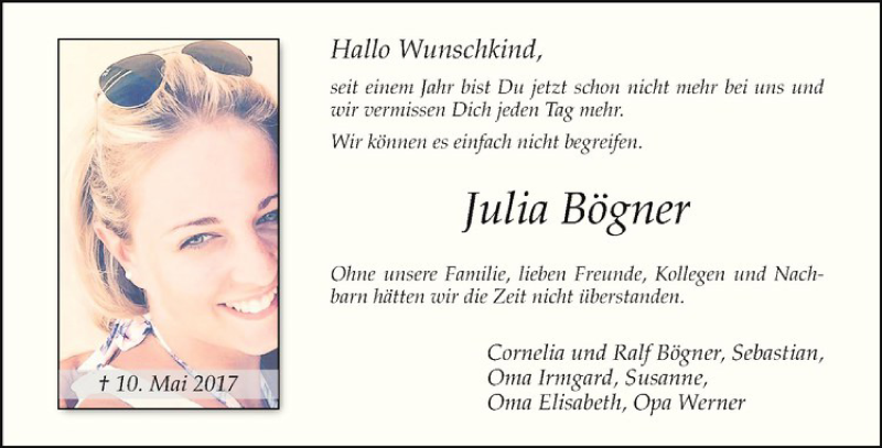  Traueranzeige für Julia Bögner vom 12.05.2018 aus Westfälische Nachrichten