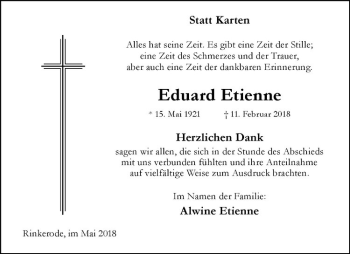 Anzeige von Eduard Etienne von Westfälische Nachrichten