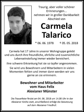 Anzeige von Carmela Talarico von Westfälische Nachrichten