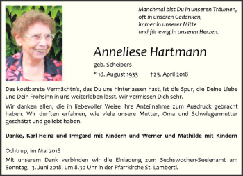 Anzeige von Anneliese Hartmann von Westfälische Nachrichten