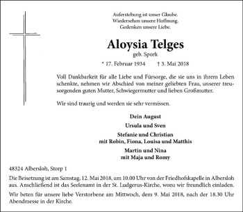 Anzeige von Aloysia Telges von Westfälische Nachrichten