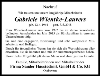 Anzeige von Gabriele Wientke-Lauvers von Westfälische Nachrichten