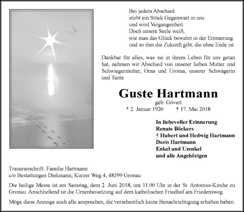  Traueranzeige für Guste Hartmann vom 26.05.2018 aus Westfälische Nachrichten